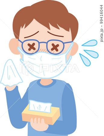 ティッシュを持って辛そうな表情のマスクをした男性 99416044