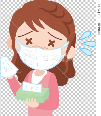 A woman holding a tissue and wearing a mask with a painful expression A woman holding a tissue and wearing a mask with a painful expression 99416048