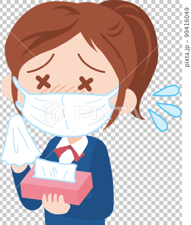ティッシュを持って辛そうな表情のマスクをした女子学生 99416049