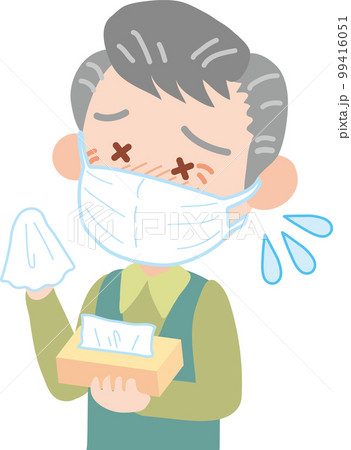 ティッシュを持って辛そうな表情のマスクをした高齢男性 ティッシュを持って辛そうな表情のマスクをした高齢男性 99416051