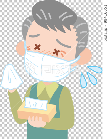 ティッシュを持って辛そうな表情のマスクをした高齢男性 ティッシュを持って辛そうな表情のマスクをした高齢男性 99416051