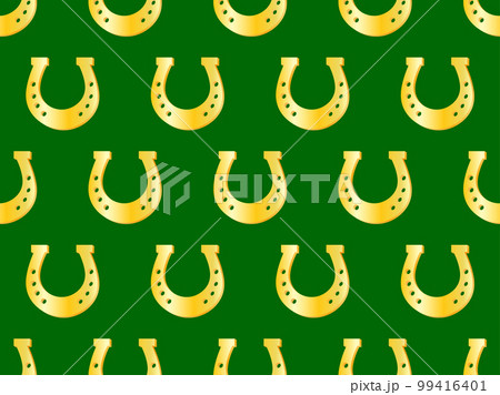 Golden horseshoes on green background seamless pattern. Good luck symbol. Festive design for St. Patrick's Day. Design for print, wrapping paper and promotional items. Vector illustration Golden horseshoes on green background seamless pattern. Good luck symbol. Festive design for St. Patrick's Day. Design for print, wrapping paper and promotional items. Vector illustration 99416401