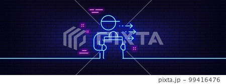 Neon light glow effect. Food delivery line icon. Courier with order sign. Catering service symbol. 3d line neon glow icon. Brick wall banner. Food delivery outline. Vector Neon light glow effect. Food delivery line icon. Courier with order sign. Catering service symbol. 3d line neon glow icon. Brick wall banner. Food delivery outline. Vector 99416476