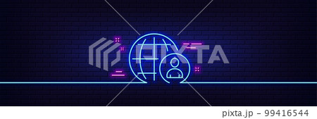 Neon light glow effect. International business recruitment line icon. Global human resources sign. 3d line neon glow icon. Brick wall banner. International recruitment outline. Vector 99416544