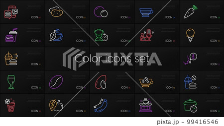 Set of Peas, Ice cream and Cappuccino line icons. Include Apple, Carrot, Coffee beans icons. Fast food, Food delivery, Coffee shop web elements. Chef, Ice maker, Peanut. Sausage. Vector 99416546
