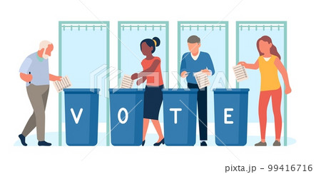 People put ballots in boxes. Citizens elect president. Political candidate choice. Confidential vote. Voting questionnaire. Balloting container. Presidential election. Vector concept 99416716