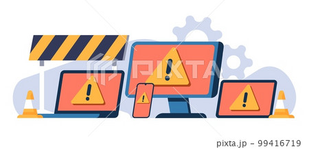 Operating system program error icon on different devices. Warning symbols. Broken software. Computers and smartphones. OS malfunction. Web technology. Unavailable website. Vector concept 99416719