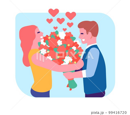 On Valentines Day man gives roses bouquet to woman. Boyfriend gifting flowers to girlfriend. Romantic dating. February holiday. Happy couple relationship. Love heart. Vector concept 99416720