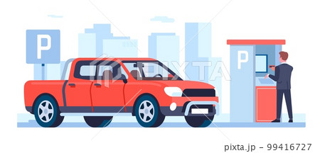 Man pays for parking space with automatic machine. Transport traffic. Payment for garage access. Male drives automobile pickup. Auto park automation terminal. Car zone. Vector concept Man pays for parking space with automatic machine. Transport traffic. Payment for garage access. Male drives automobile pickup. Auto park automation terminal. Car zone. Vector concept 99416727