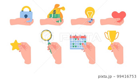 Hands holding various objects. Star in arm. Money coin and banknotes. Love heart. Award cup. Calendar and lock. Idea light bulb. Magnifying glass. Vector isolated palm gestures set 99416753