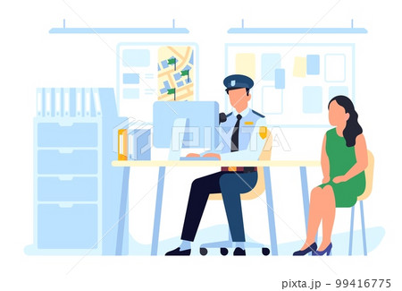 Detective sits at desk and interrogates woman. Police station. Policeman talking with witness. Searching evidences. Patrol office department. Cop interviewing female. Vector concept Detective sits at desk and interrogates woman. Police station. Policeman talking with witness. Searching evidences. Patrol office department. Cop interviewing female. Vector concept 99416775