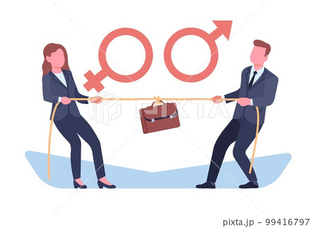 Business confrontation between men and women. Feminism in office. Gender equality. Worker pulling rope. Male and female rivalry. Tug-of-war challenge. People conflict. Vector concept 99416797