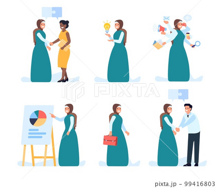 Arab business woman at office work. Manager presenting project at whiteboard or shaking hands with partner. Multitasking businesswoman. Saudi female in hijab. Vector employee actions set 99416803
