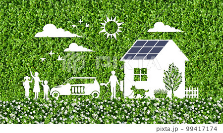 ソーラー発電の住まいと電池アイコンの車で叶える、エコな暮らしのイメージ 99417174