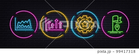 Settings gear, Trade chart and Upper arrows minimal line icons. Neon laser 3d lights. Flag icons. For web, application, printing. Technology process, Market data, Growth infochart. Vector 99417318