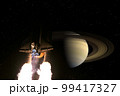 Spaceship flights to Saturn planet in space. Space exploration concept. Elements of this image furnished by NASA. 99417327