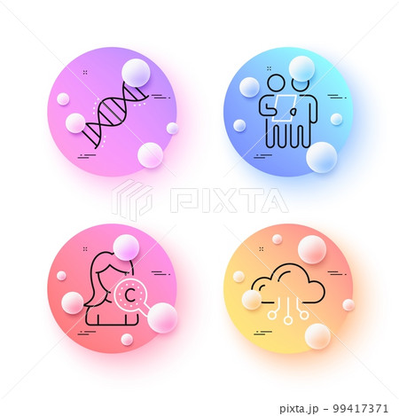 Chemistry dna, Survey and Cloud computing minimal line icons. 3d spheres or balls buttons. Collagen skin icons. For web, application, printing. Chemical formula, Contract, Online storage. Vector 99417371