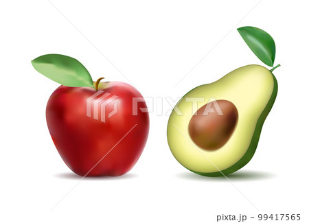Ripe avocado in the cut with a stone and leaf and red apple. On transparent background. Fruit, a symbol of proper and healthy nutrition. Realistic vector graphics in eps10 format, no raster effects Ripe avocado in the cut with a stone and leaf and red apple. On transparent background. Fruit, a symbol of proper and healthy nutrition. Realistic vector graphics in eps10 format, no raster effects 99417565