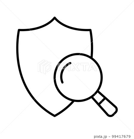 Safety checking icon. Magnifying glass with protection shield. Protection, security sign, comparison, selection. 99417679