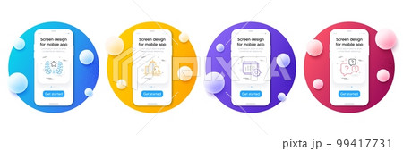 Minimal set of Calendar, Inspect and Ranking line icons for web development. Phone ui interface mockup with balls. Question bubbles icons. Schedule planner, Search building, Laurel wreath. Faq. Vector 99417731