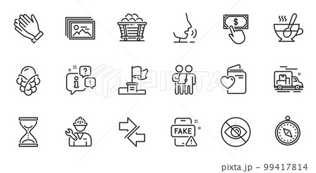 Outline set of Time hourglass, Clapping hands and Not looking line icons for web application. Talk, information, delivery truck outline icon. Include Love document, Survey, Repairman icons. Vector 99417814