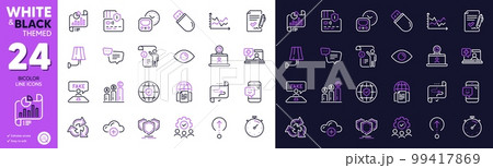 Global insurance, Text message and Smile line icons for website, printing. Collection of Wall lamp, Shields, Internet documents icons. Card, Usb stick, Graph chart web elements. Vector 99417869