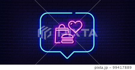 Neon light speech bubble. Food donation line icon. Charity sign. Charitable organization symbol. Neon light background. Food donation glow line. Brick wall banner. Vector 99417889