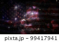 Abstract dark black background with space stars and clouds night sky and American flag blowing on wind. 99417941
