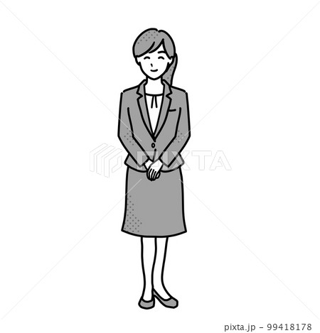 手を前で組んだスーツ姿の女性イラスト　1人全身　モノクロ 99418178