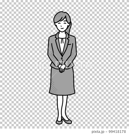 手を前で組んだスーツ姿の女性イラスト　1人全身　モノクロ 99418178