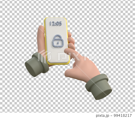 Smartphone lock screen. Hand hold smartphone with master key, finger touch touchscreen, security concept. 99418217