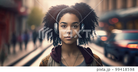 Mixed race woman with headphones standing on street looking at camera. Generative Ai image 99418598