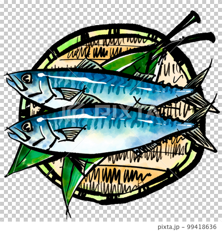 鯖魚 (Masaba) 的手繪插圖裝在漏勺中(毛筆水彩水墨畫風格) 鯖魚 (Masaba) 的手繪插圖裝在漏勺中(毛筆水彩水墨畫風格) 99418636