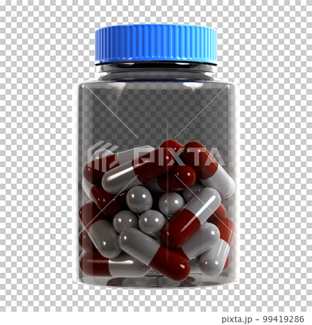 Medicine container and capsule transparent background 3d rendering 99419286