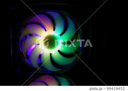 Computer cooler with RGB LED light. Computer circuit board and CPU cooling fans illuminated 99419452