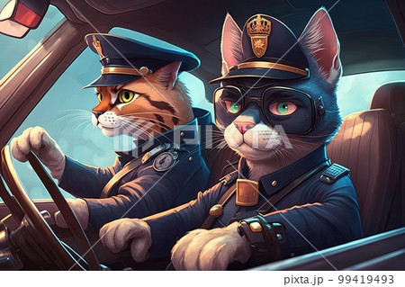 a cat police officer, cute, driving a police car - AI Generated