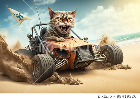 Crazy cat driving dune buggy on the sandy beach illustration generative ai 99419526