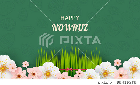 Postcard with Novruz holiday. Novruz Bayram background template. Spring flowers, painted eggs and wheat germ. Festive banner. 99419589