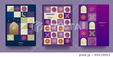 Ramadan Kareem poster, holiday greeting card set. Islamic postcard, banner template. Modern design with geometric pattern and traditional ornaments in blue, gold, purple. Vector 99419603
