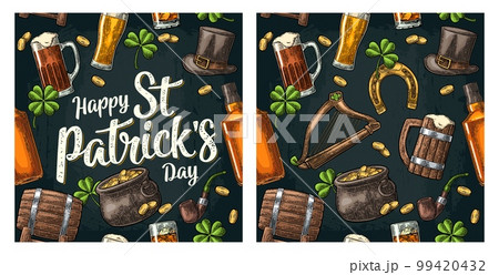 Saint Patrick Day. hat, Pot coins, pipe, beer, lyre, horseshoe Saint Patrick Day. hat, Pot coins, pipe, beer, lyre, horseshoe 99420432