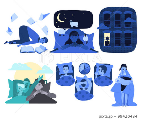 Sleeplessness with Man and Woman Suffer from Insomnia and Sleep Disorder Vector Set 99420434