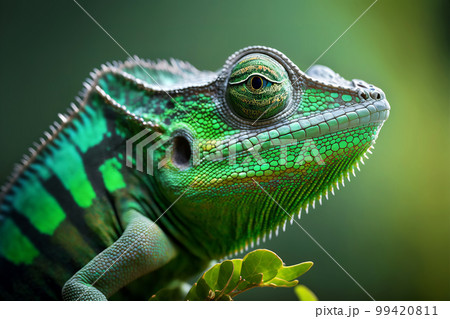 Close-up portrait of a chameleon with bright exotic skin in green colors. Generative AI illustration 99420811