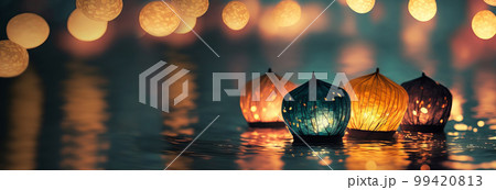 Banner with Paper lanterns float on dark water. Traditional Floating Lantern Festival, Memorial Day. Generative AI illustration 99420813