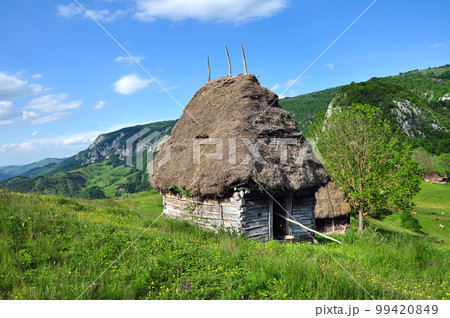 Wooden stable with thatched roof in the mountains Wooden stable with thatched roof in the mountains 99420849