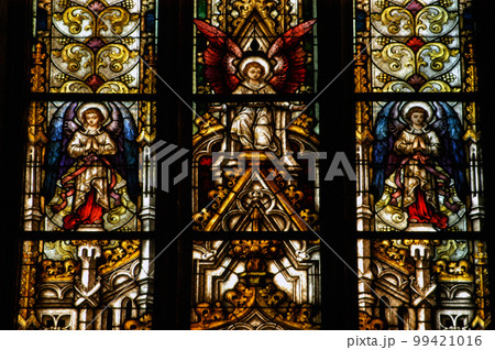 Stained glass window detail in Cluj Napoca. Saint Michael church, Romania 99421016