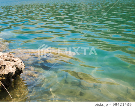 Clear green lake. The banks of the lake were stacked with large stones to prevent water erosion. Clear green lake. The banks of the lake were stacked with large stones to prevent water erosion. 99421439