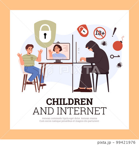 Squared banner about children internet safety flat style 99421976