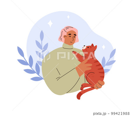 Owner and cat for emotional support and pet therapy, flat vector isolated. Owner and cat for emotional support and pet therapy, flat vector isolated. 99421988