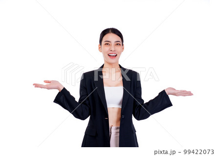 Concept people, comparison, marketing, advertising .young women holds an empty free space with both hands, offers equal price options. smiling, dressed in suit clothes, isolated on a white background. Concept people, comparison, marketing, advertising .young women holds an empty free space with both hands, offers equal price options. smiling, dressed in suit clothes, isolated on a white background. 99422073