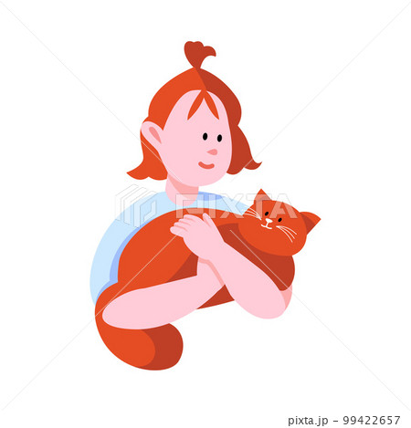 Happy Little Girl Cuddling and Hugging Cat Pet Vector Illustration 99422657